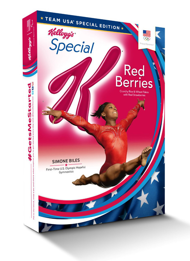 Biles performing an aerial split on the front cover of Kellogg's brand product.